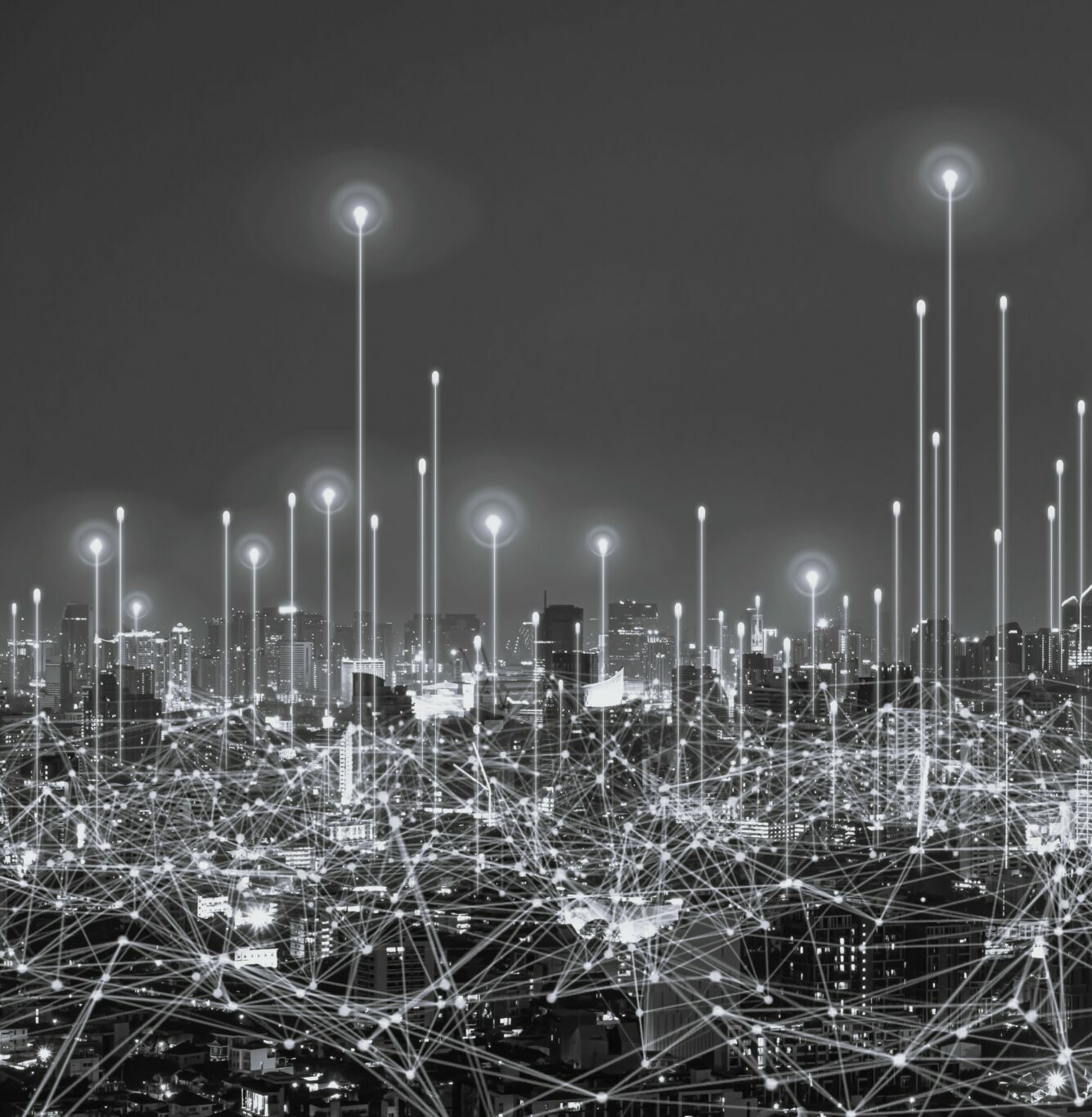 network digital hologram and internet of things on city background.5G network wireless systems.